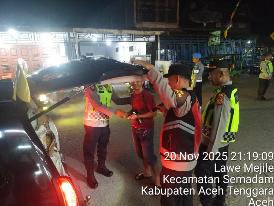 Polsek Semadam Gelar Razia Kendaraan di Malam Hari dalam Rangka Kegiatan Rutin yang Ditingkatkan (KRYD) Antisipasi Guantibmas